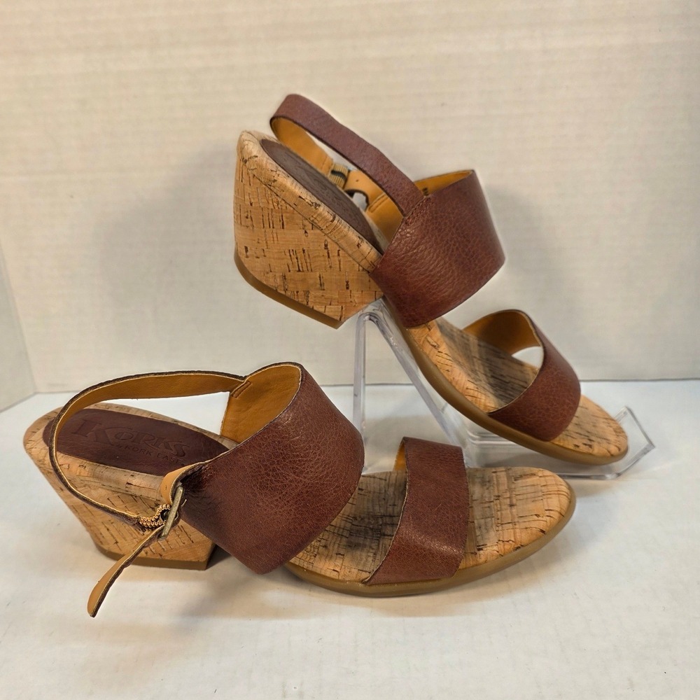 Korks by Kork-Ease Wedge Sandals Womens 8M Brown Excellent Leather Cork Q26106